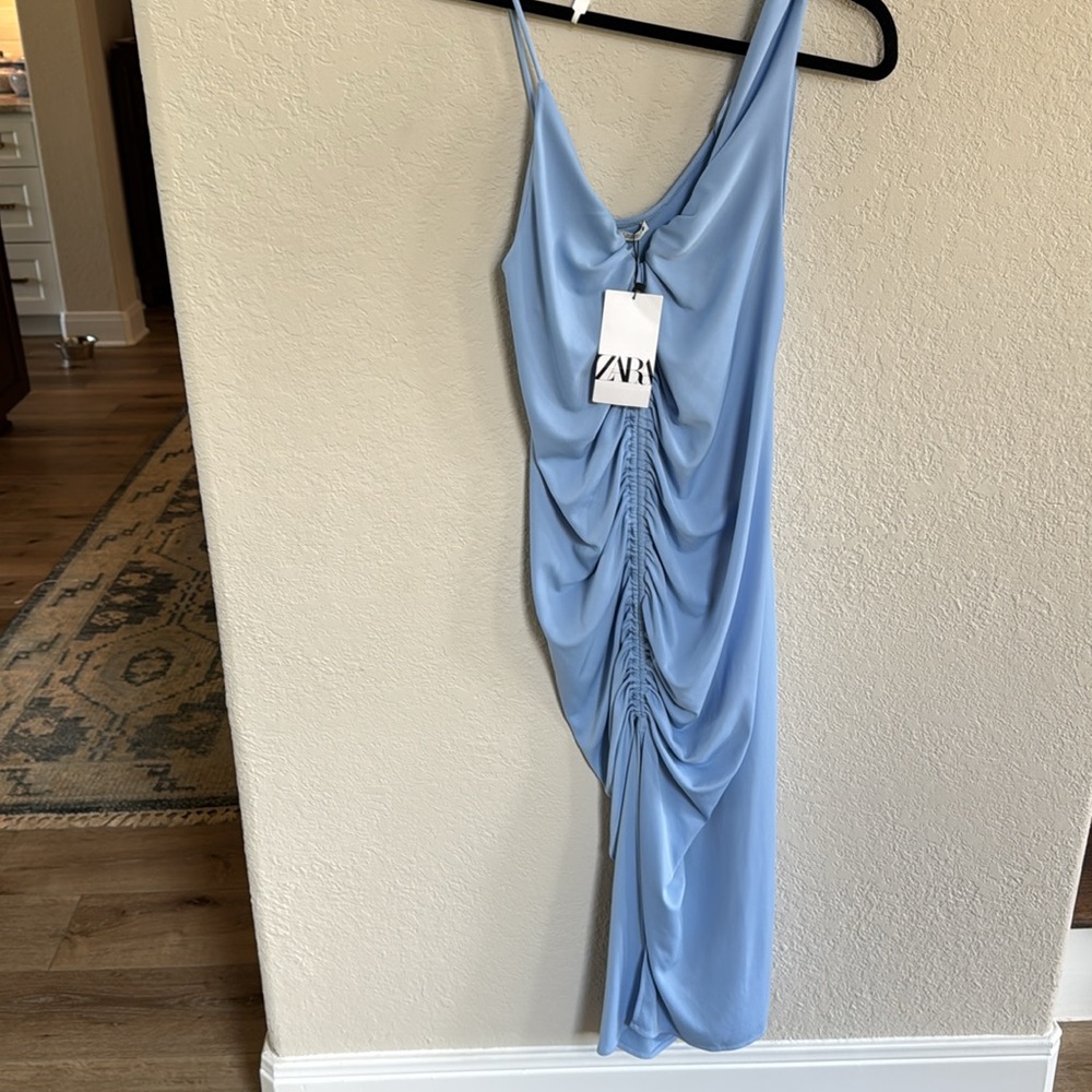 NWT ZARA LIGHT BLUE RUCHED ASYMMETRIC DRESS - Picture 3 of 6